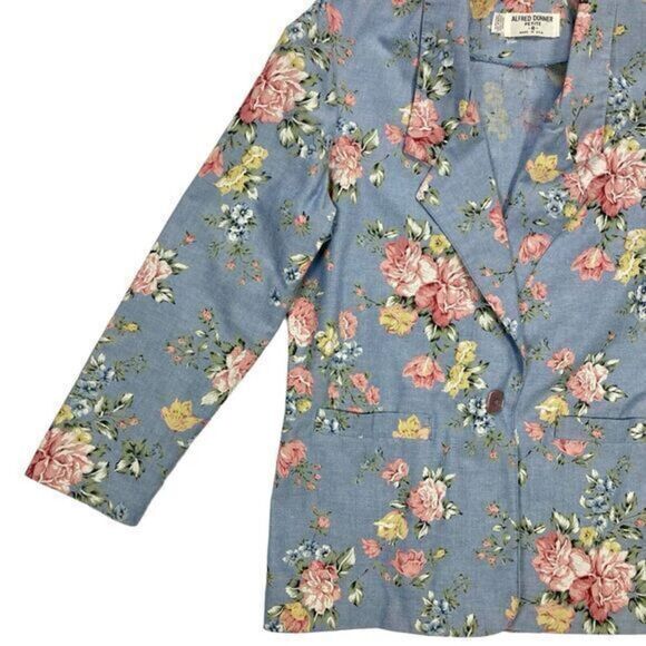 Alfred Dunner Linen Blazer Womens Sz 8 Blue Pink Floral Print 3/4 Sleeve Jacket - Picture 4 of 16